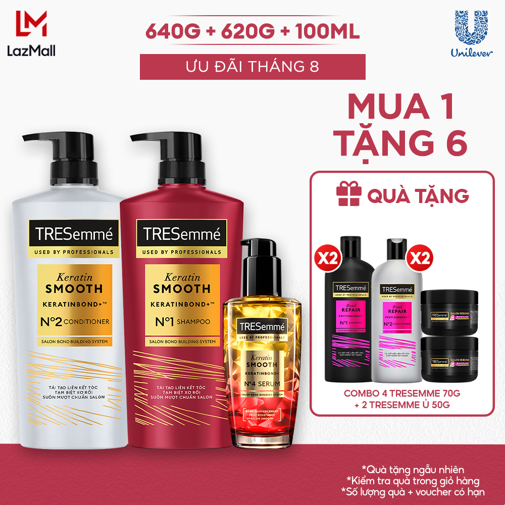 Combo Dầu Gội, Dầu Xả, Serum TRESemmé Keratin Smooth Keratinbond+ 640g, 620g, 100ml Cho Tóc Khô Xơ Rối Vào Nếp Suôn Mượt