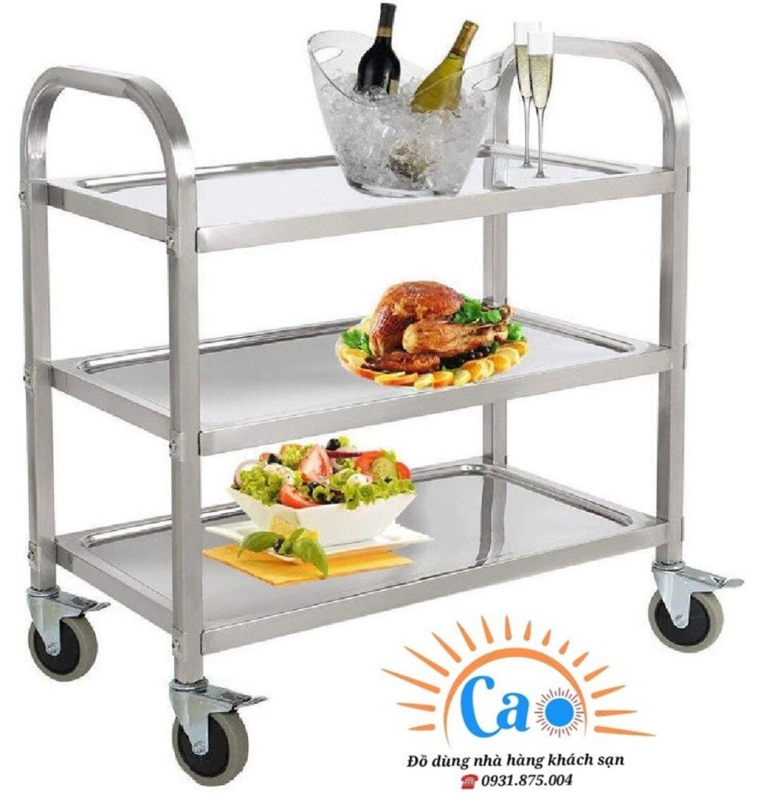 Xe đẩy dọn dẹp inox 3 tầng nhà hàng khách sạn
