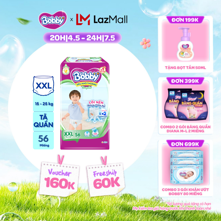 [CHỈ 20h 04-07.05 QT Đơn 899K/1199K] Tã/Bỉm quần Bobby Lõi nén thần kỳ 3mm Ultra Jumbo XXL56/XXL60 - Siêu mỏng khô thoáng
