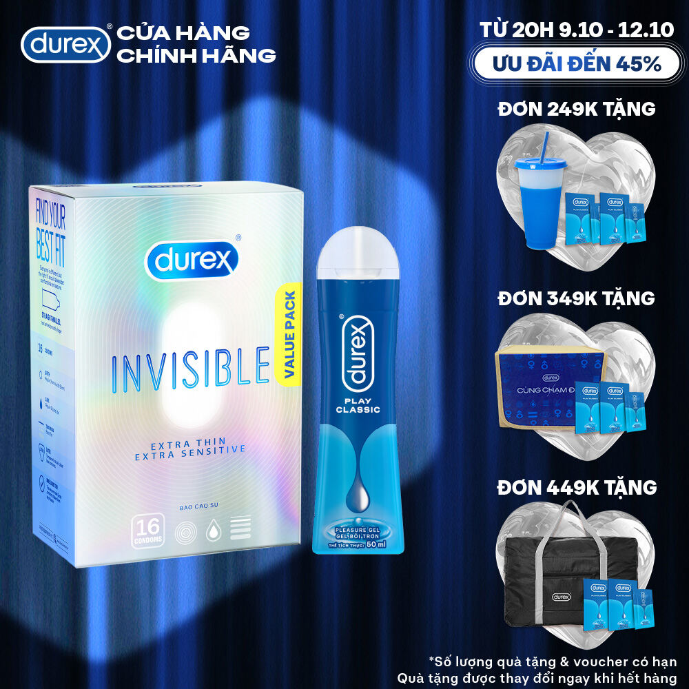[TỪ 20H | 9-12.10 VOUCHER GIẢM THÊM 8%] Combo Durex Invisible siêu mỏng hộp 16 bao và Gel bôi trơn Durex Play Classic chai 50ml