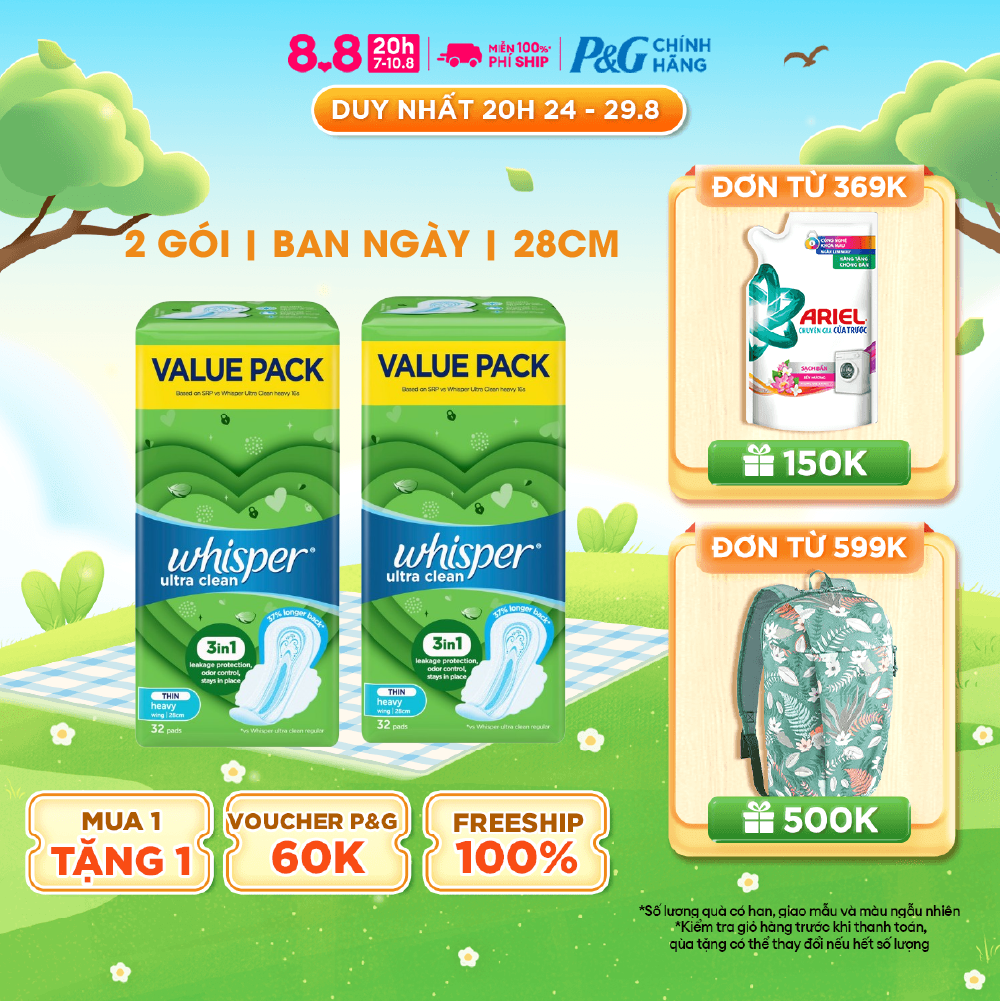 Combo 2 băng vệ sinh whisper ultra clean khô thoáng siêu mỏng cánh 28 cm cho ngày nhiều gói 32 miếng