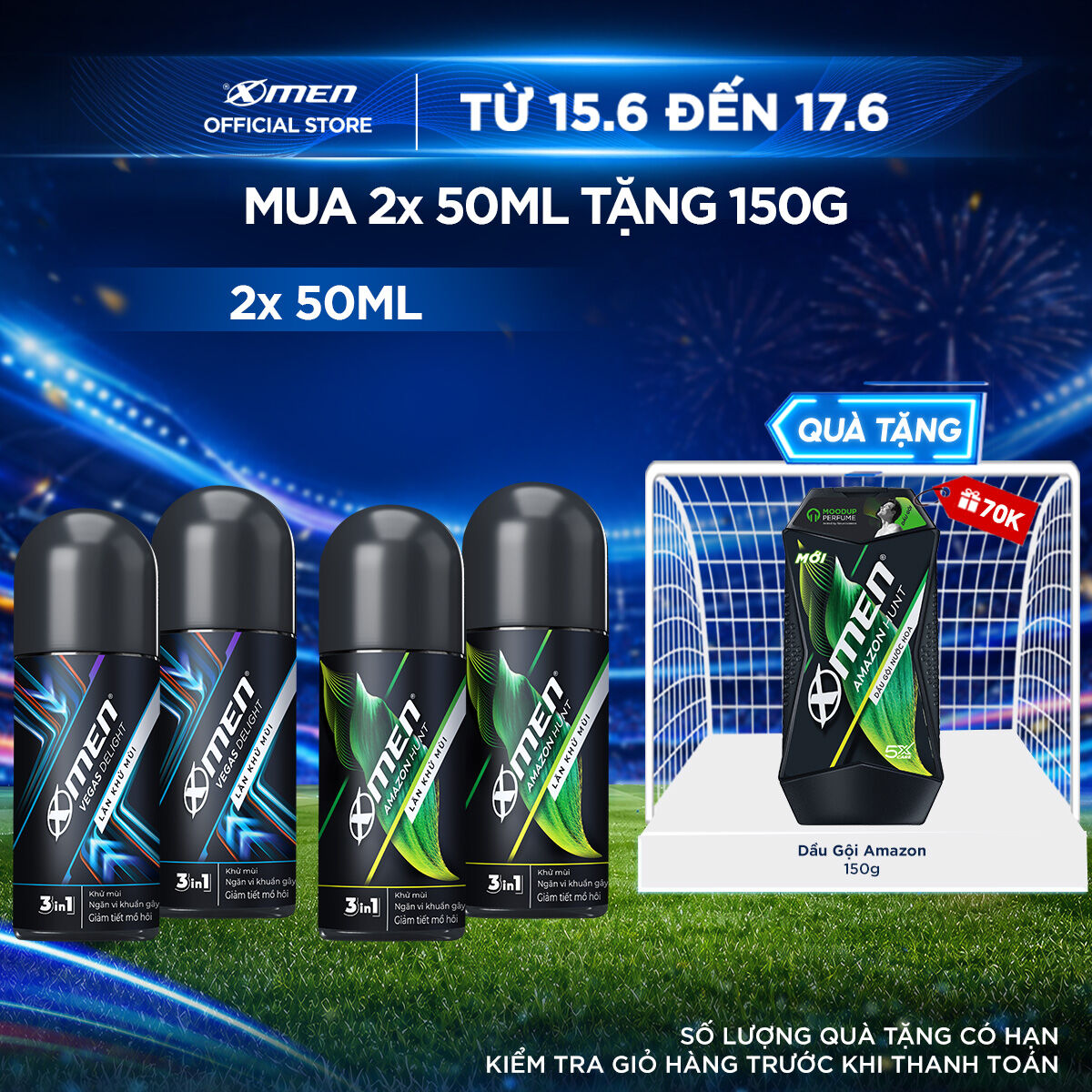 [COMBO MUA 2 TẶNG 1] Combo 2 Lăn khử mùi Xmen Amazon Hunt/Vegas Delight 50ml/chai + Tặng 1 Lăn khử mùi Amazon/Vegas 50ml
