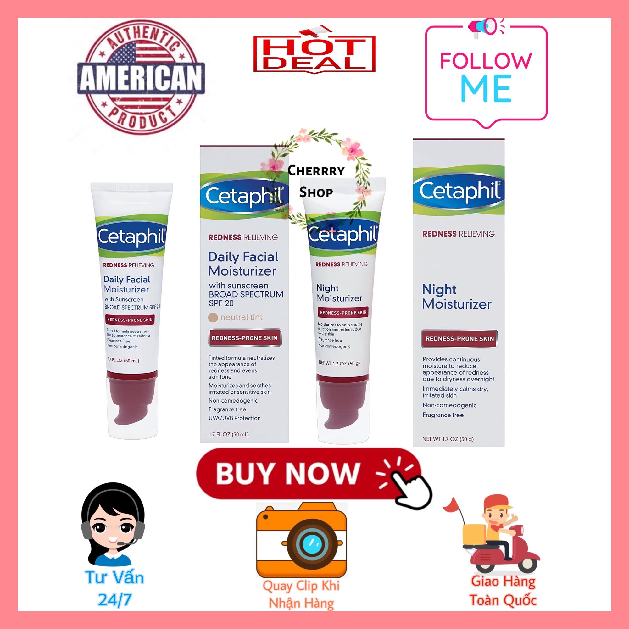 [Hcm][Hàng Canada] Kem Dưỡng Ẩm Ban Ngày Và Đêm Cho Da Nhạy Cảm Và Mẫn Đỏ Cetaphil Redness Relieving Daily Facical (50Ml)