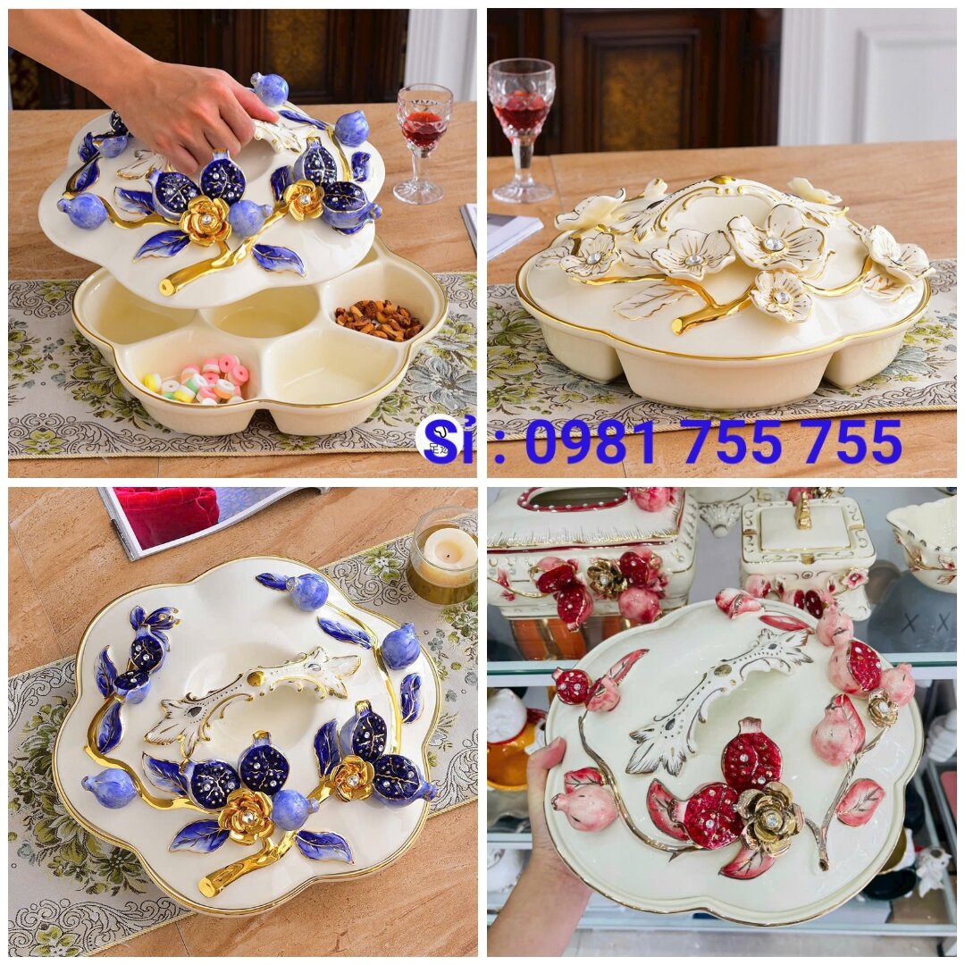 Khay mứt tết vẽ vàng, khay mứt Hoa Nổi Đỏ đựng bánh kẹo gốm sứ cao cấp