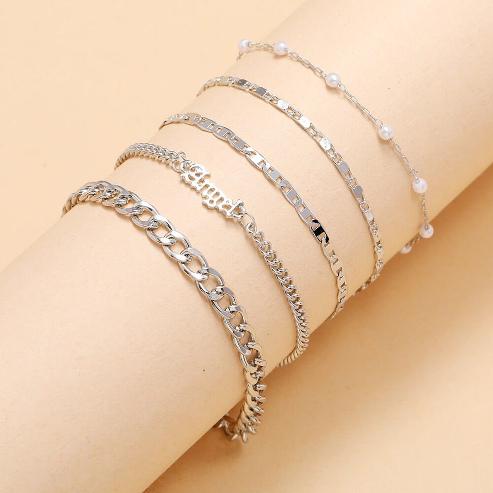 Hợp thời trang dây chuyền vòng tay 5 chiếc cho nữ vàng màu bạc thiên thần chữ liên kết dây chuyền lắc tay thời trang nữ món quà trang sức
