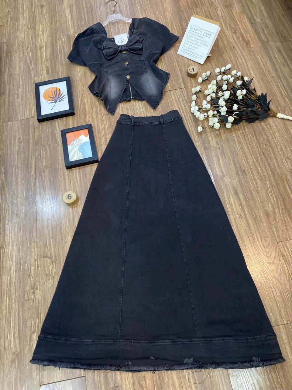 (SHOP TÁO ĐỎ BIGSIZE 50KG ĐẾN 90KG) set jean áo nơ chân váy dài