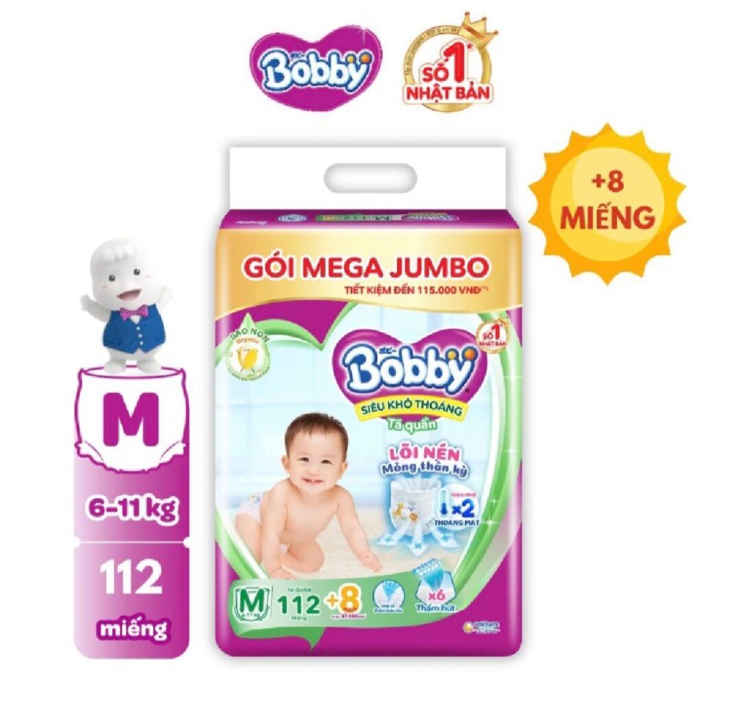 Tã/bỉm quần Bobby siêu thấm khô thoáng Mega Jumbo M112+8 - Lõi nén thần kỳ 3mm
