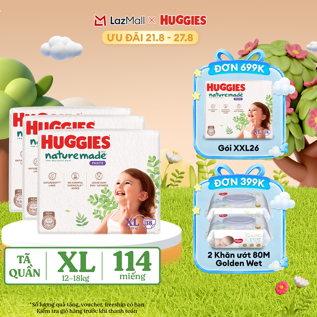 [17-24.08 QUÀ TẶNG ĐƠN 399K] Combo 3 Tã/Bỉm quần HUGGIES PLATINUM NatureMade XL38 (12-18kg)-Gói Jumbo 38 miếng