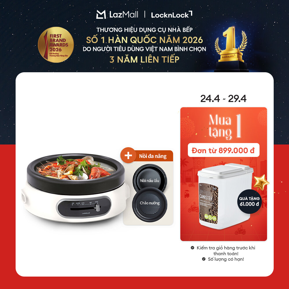 EJP544WHT - Nồi lẩu điện đa năng LockLock 2 trong 1(Nướng/Lẩu) - Chảo 26cm  Nồi 4L, Tháo rời, chống dính, nóng đều - Hàng chính hãng