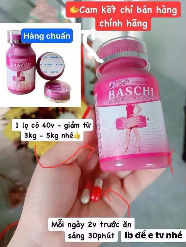 {Rẻ Vô Địch} Giảm Cân Baschi Hồng Siêu Mạnh Thái Lan Dành cơ địa chai lỳ HỘP 40V
