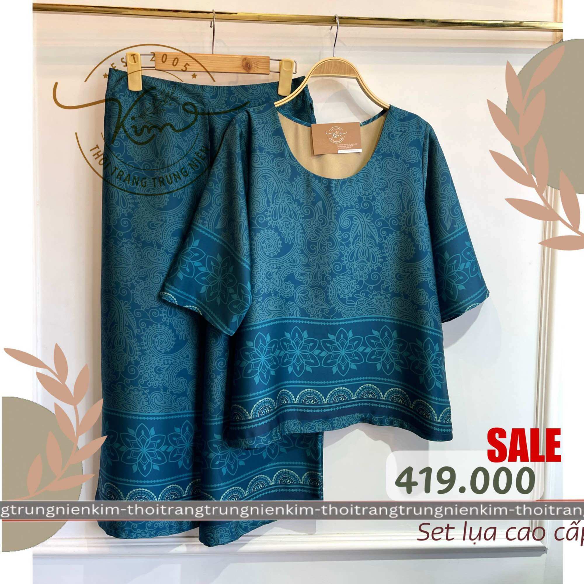Sét bộ lụa trung niên cao cấp hoa văn thổ cẩm sang trọng Bigsize quần dài 85cm