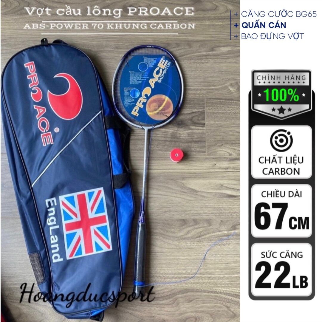 Vợt cầu lông ProAce ABS- POWER 70 khung Cacbon siêu bền, căng sẵn dây, tặng kèm quấn cán và bao đựng vợt