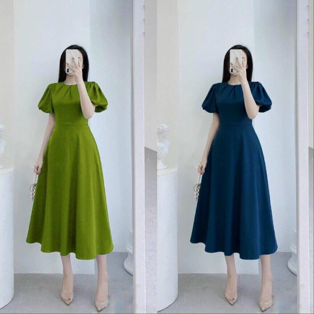 Đầm xoè xanh tay phồng