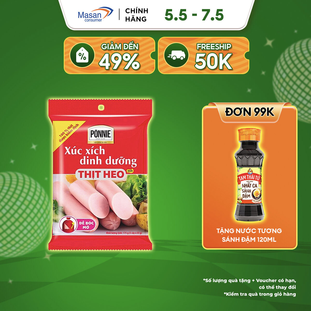 [05-07.5 Voucher 18% CHO ĐƠN TỪ 199k] Xúc Xích Tiệt Trùng Ponnie Vị Heo Gói 70g