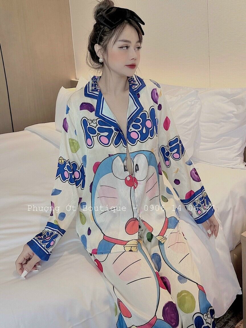 Set Bộ pijama doraemon lụa xước tay dài quần dài shop Me Shin-Bơ