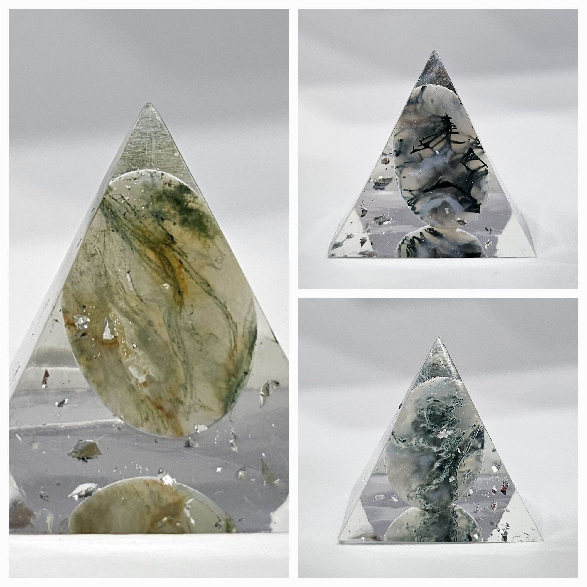 Ctjadesale 2306054 Kim tự tháp mỹ thuật resin đổ đá Moss Agate thiên nhiên 35mm, Kim tự tháp năng lượng Cystal Light