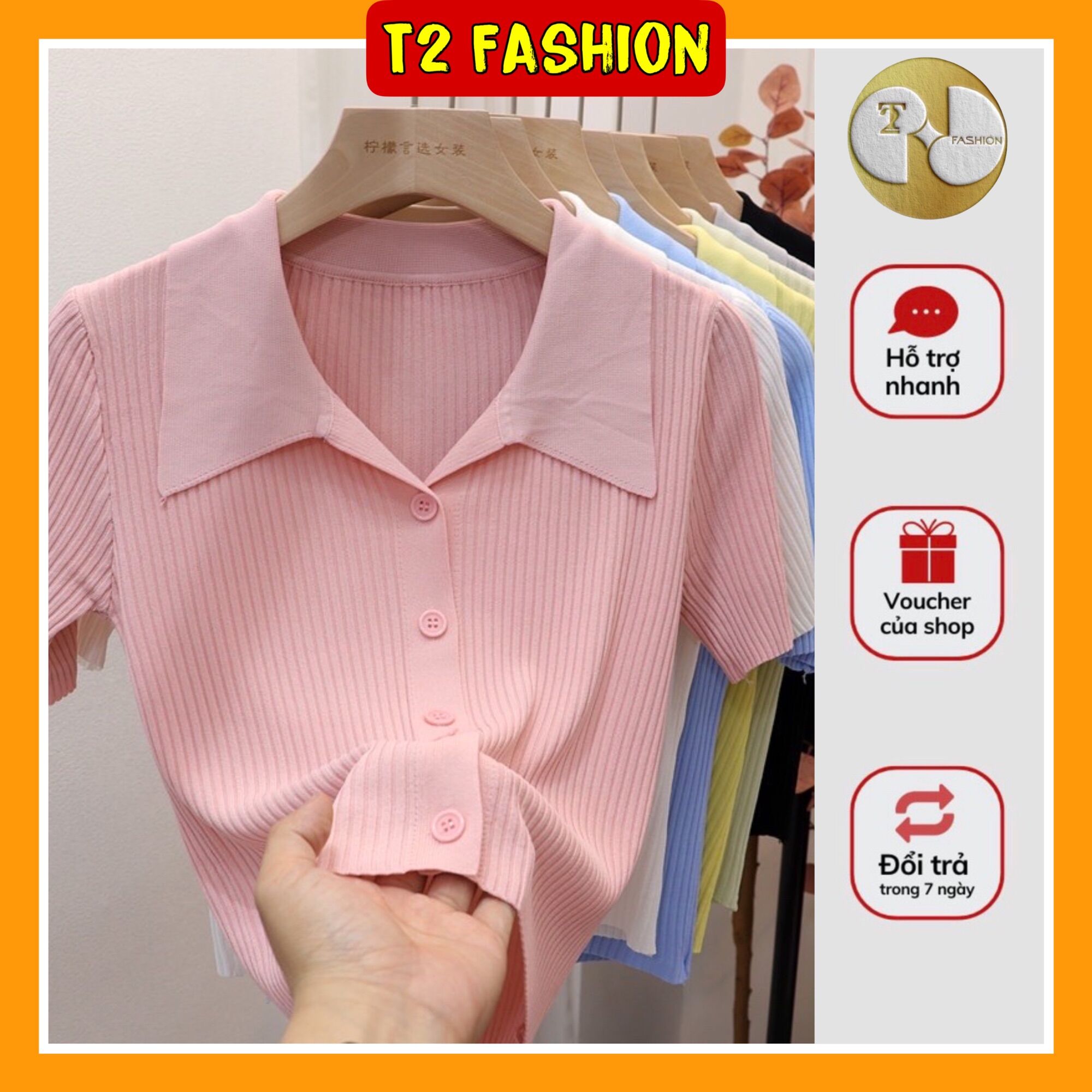 Áo dệt kim ngắn tay cổ Polo cài cúc