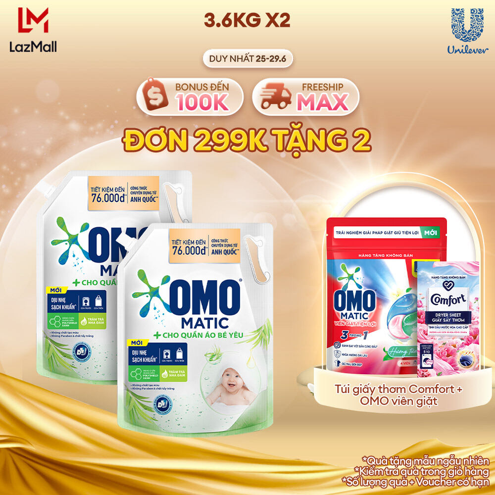 Combo 2 Túi Nước Giặt Omo Matic Baby Cho Quần Áo Bé Yêu 3.6kg/túi