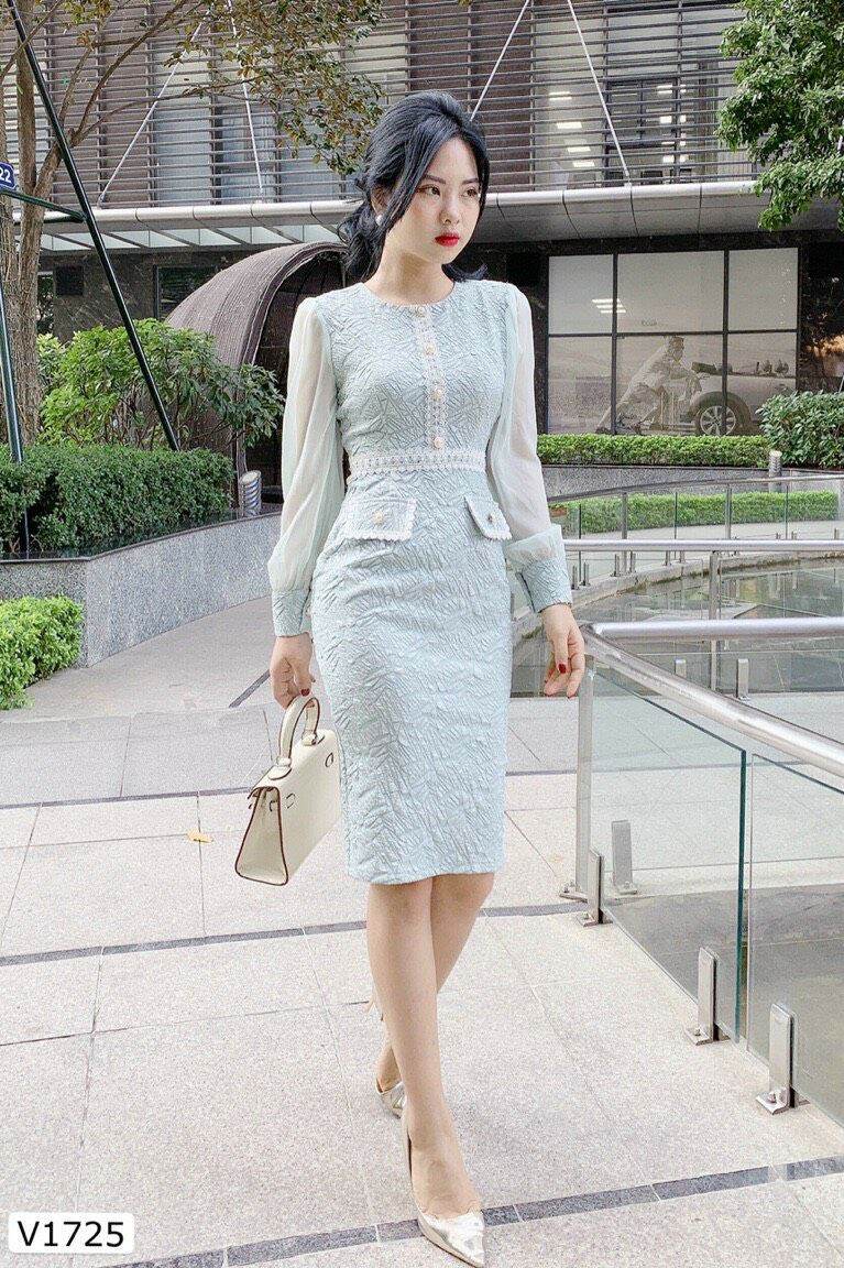 Váy body xanh ngọc tay pha tơ sang trọng