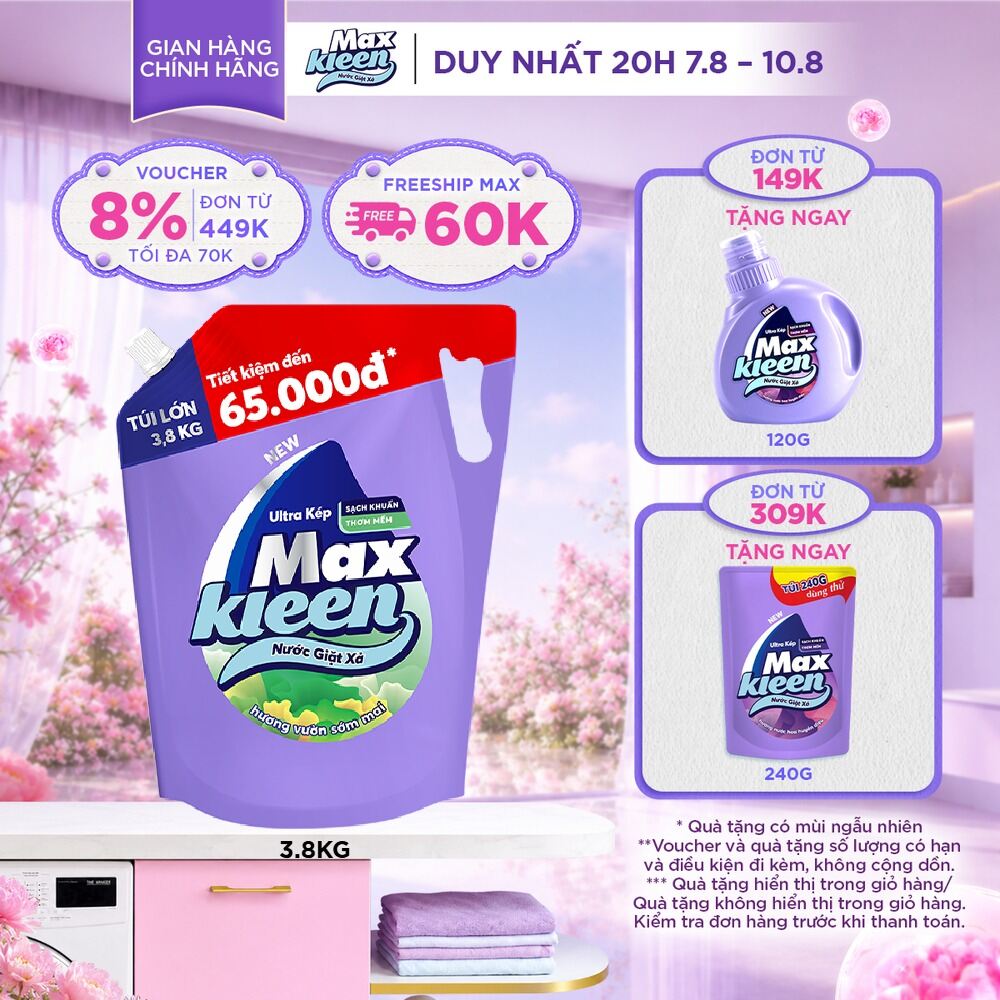 Túi Nước Giặt Xả MaxKleen 3.8kg/ 3.6kg (Huyền Diệu/ Hoa Nắng/ Vườn Sớm Mai/ Thiên Nhiên)