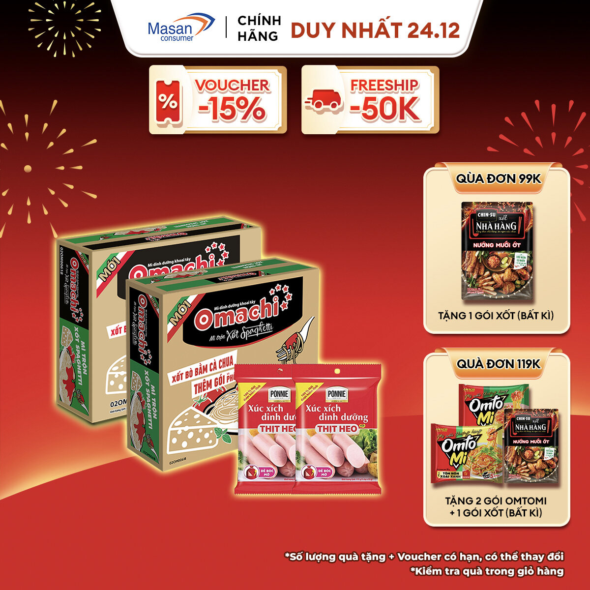 [VC 15% ĐƠN 199K] Combo 2 Thùng Omachi Mì Trộn Xốt Spaghetti 90Gr + 2 Xúc Xích Tiệt Trùng Ponnie Vị Heo 70G