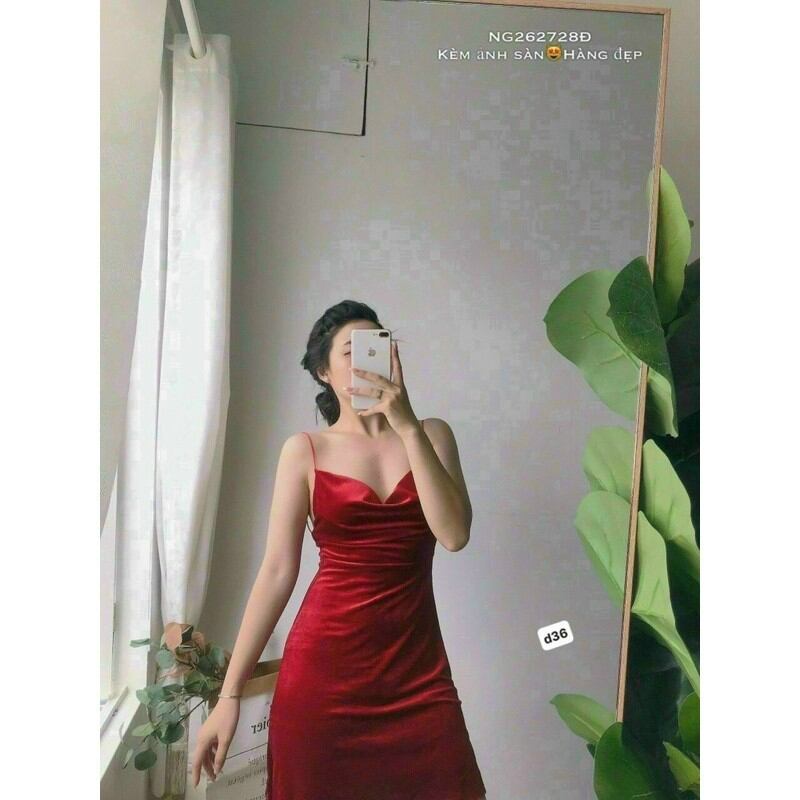 Đầm Nhung 2 Dây Bún Ngắn Xẻ Tà