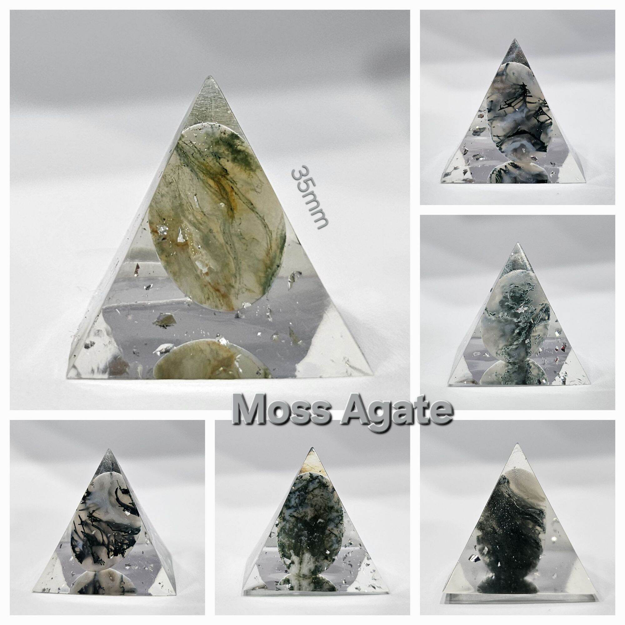 2203075 Kim tự tháp mỹ thuật đá thiên nhiên Artgem 3.5cm, resin đổ đá năng lượng Moss Agate, Crystal Light