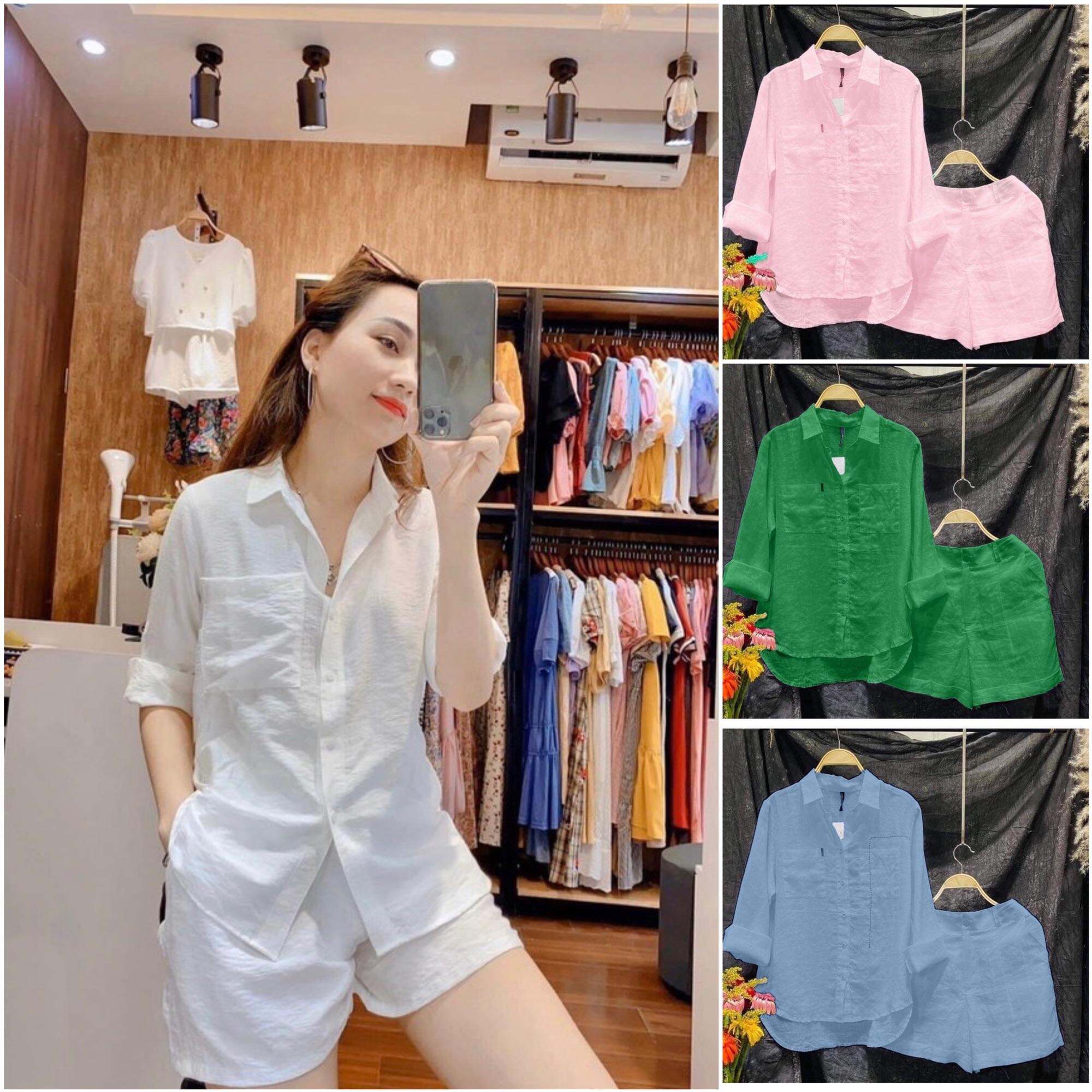 Đồ Bộ Nữ, Bộ Đũi Nữ, Áo Dài Tay, Quần Cộc, Vải Đũi Cao Cấp Không Nhăn, Quần Lưng Thun Mặc Nhà, Mặc Đi Chơi Hascoo