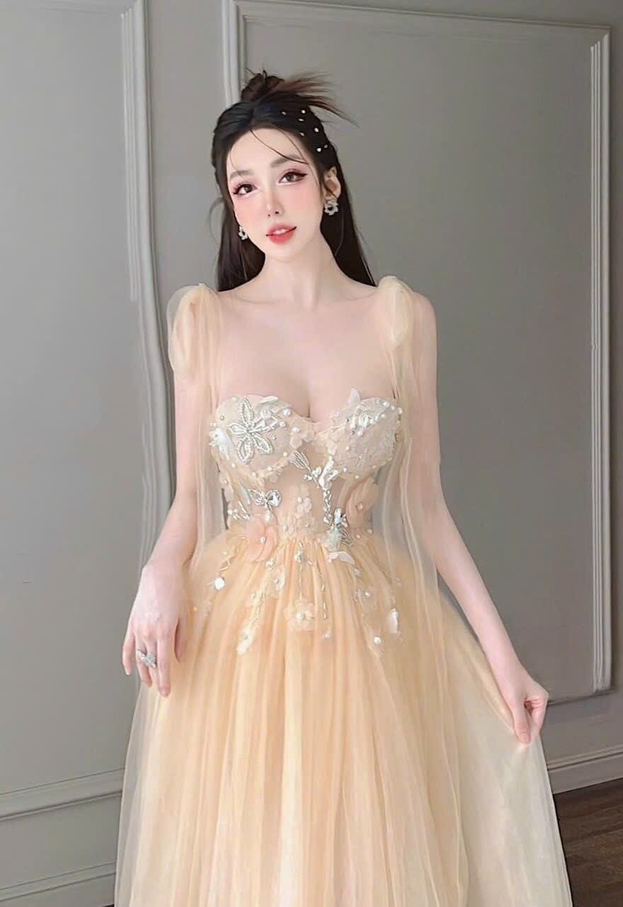 ĐẦM MAXI NƠ VAI ĐÍNH HOA 3D kèm ảnh thật
