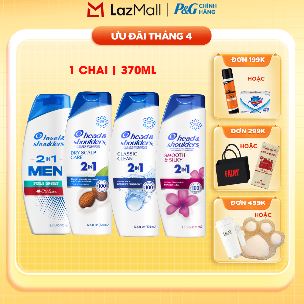 Dầu Gội Xả HEAD  SHOULDERS Nhập Khẩu Mỹ Sạch Gàu 2IN1 Hương Dry Scalp Care/ Pure Sport/ Smooth  Silky/ Classic Clean Chai 370ML