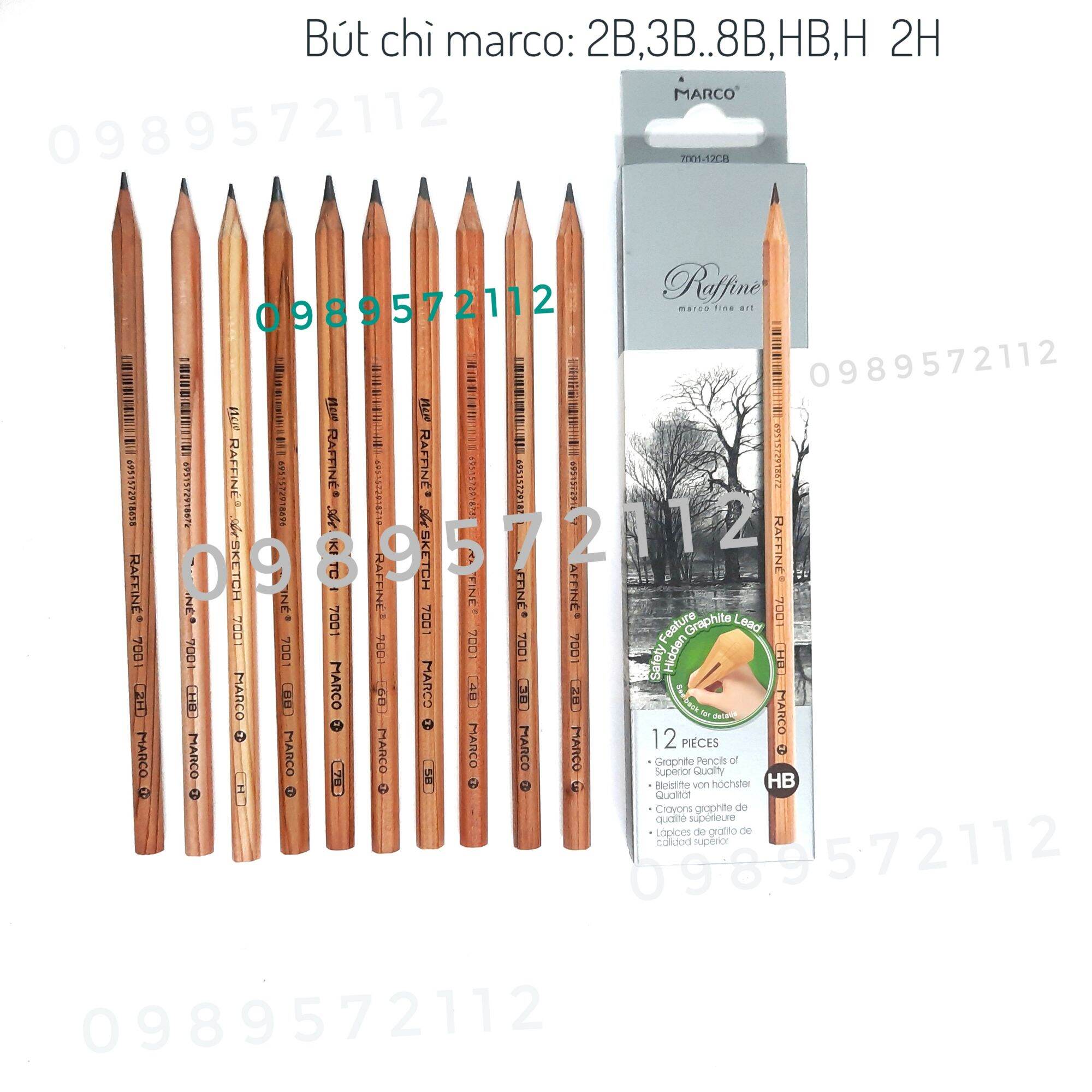 Bút chì marco gỗ 7001 2B,3B...8B,HB,H,2H.  (1 hộp).
