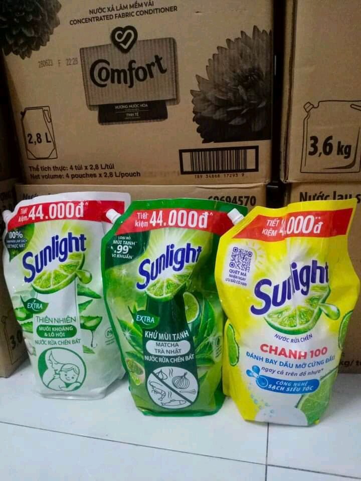 Nước rửa chén Sunlight túi 3.4kg thiên nhiên 100% gốc thực vật từ nha đam muối khoáng & lô hội khử sạch dầu mở trên cả đồ nhựa