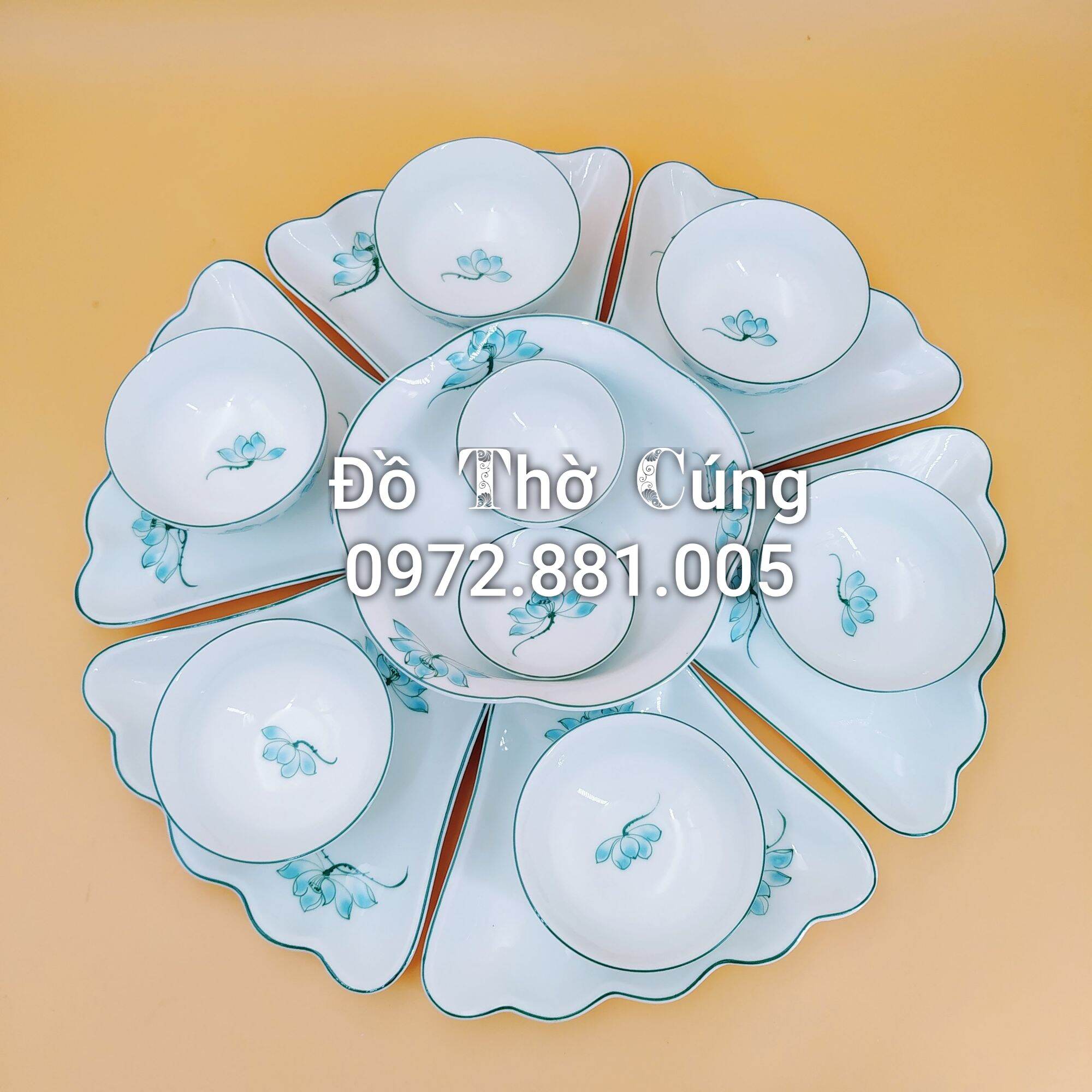 Bộ Bát đĩa / Bộ đồ ăn vẽ hoa sen xanh men trắng