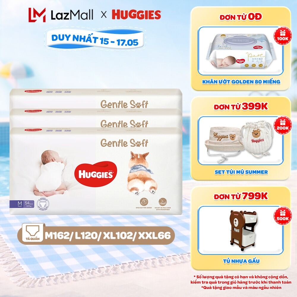 Combo 3 Tã quần Huggies Gentle Soft - Corgi M54/L40/XL34/XXL22 miếng êm mềm nâng niu làn da bé