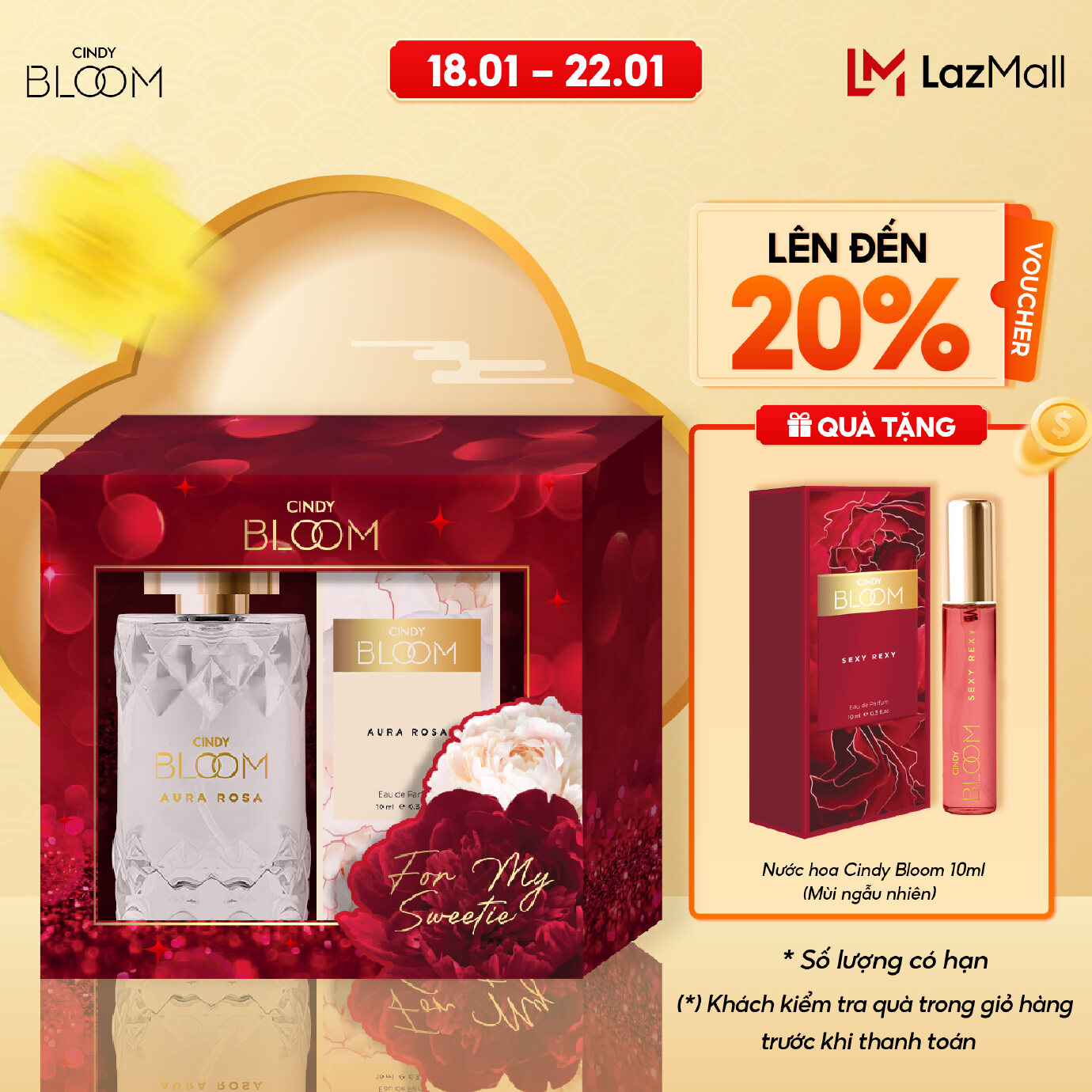 Set Nước Hoa Nữ Cindy Bloom Aura Rosa Hương Thơm Kiêu Sa Đài Các 50ml + 10ml Chính Hãng