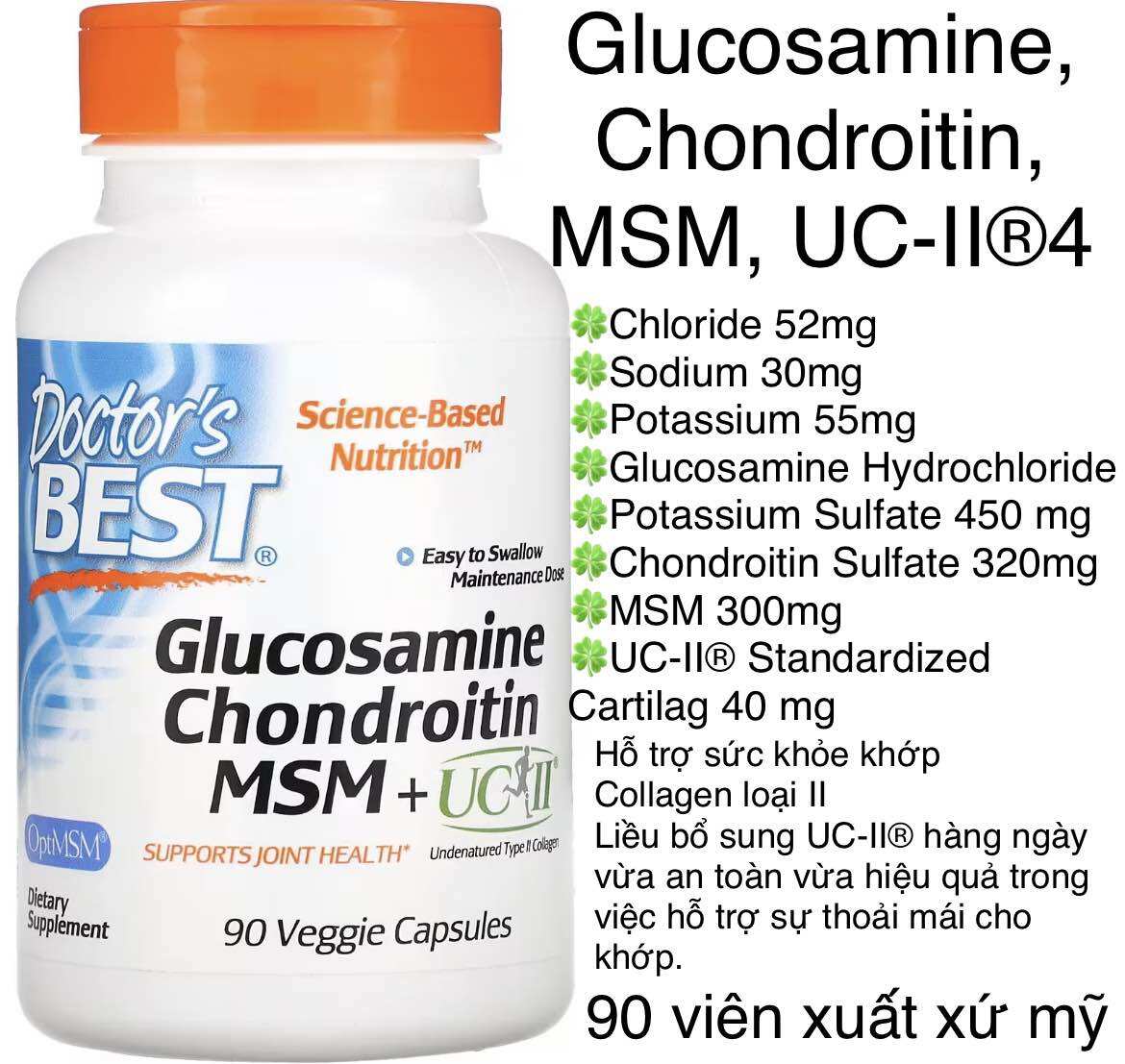 [MỸ] Viên Glucosamine, Chondroitin, MSM, and UC-II® Doctor's Best 90 viên Hỗ trợ sức khỏe khớp  Collagen loại II