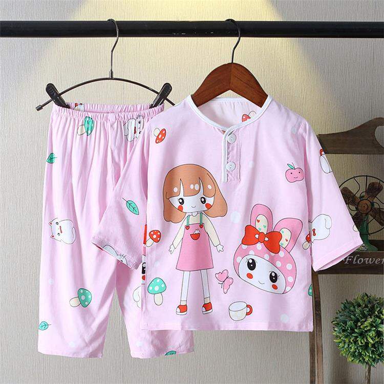Đồ Ngủ Trẻ Em Lụa Cotton Mùa Hè Bộ Đồ Bé Trai Bộ Đồ Mặc Nhà Điều Hòa Bé Gái Mỏng Tay Dài Lụa Thô Bé Gái Em Bé
