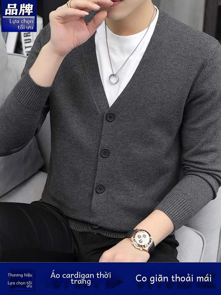 Áo Len Cardigan Cổ Chữ V Màu Trơn Cho Nam Mùa Xuân Thu Thời Trang Mới Thường Ngày Đa Năng Dệt Kim Áo Len Pha Trộn Polyester