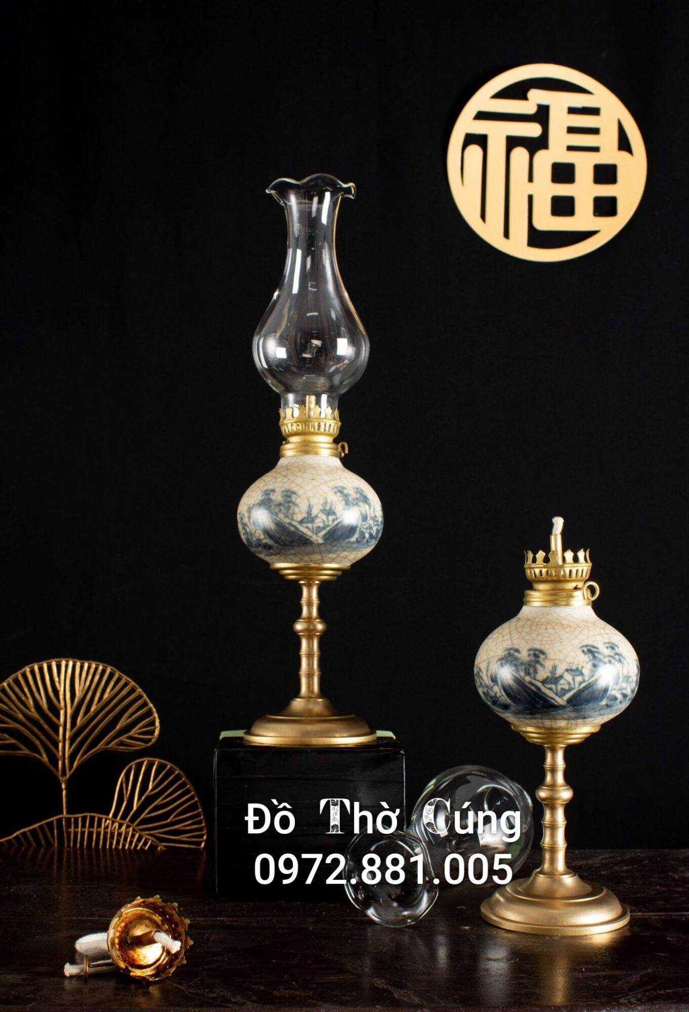 Đèn thờ , Đèn dầu men rạn cổ bọc đồng Bát Tràng cao cấp