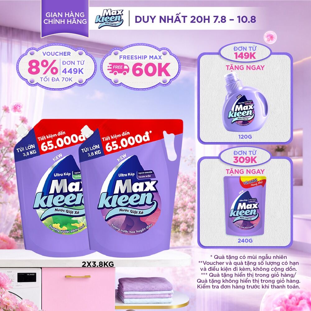 Combo Túi Nước Giặt Xả MaxKleen Hương Huyền Diệu Túi 3.8kg + Hương Vườn Sớm Mai 3.8kg
