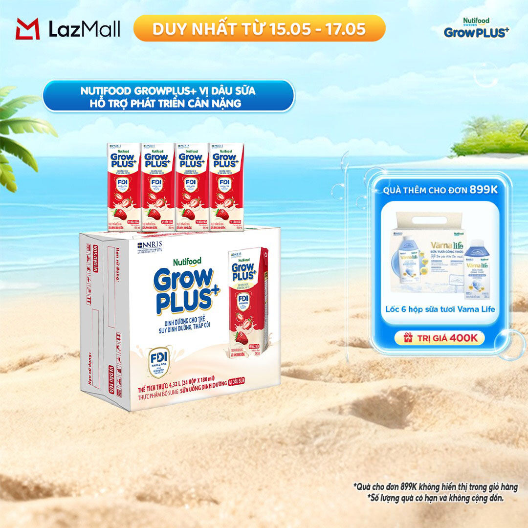 Thùng 24 hộp Sữa bột pha sẵn Nutifood GrowPLUS+ Vị Dâu Sữa hộp 180ml - Hỗ trợ phát triển cân nặng (24 hộp x 180ml)