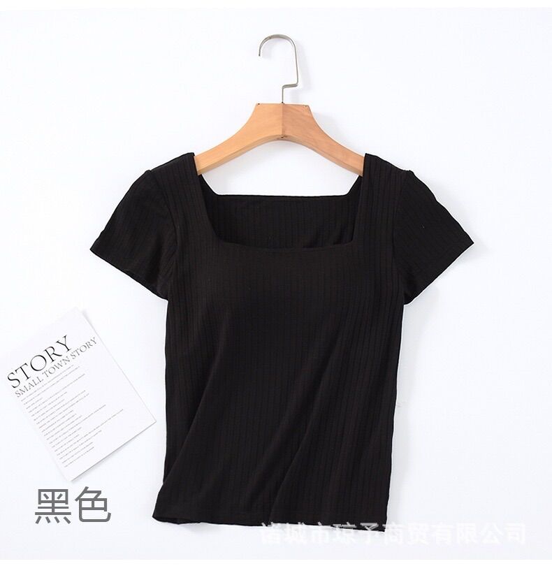 Áo thun cotton cổ vuông có lót ngực [ảnh thật]
