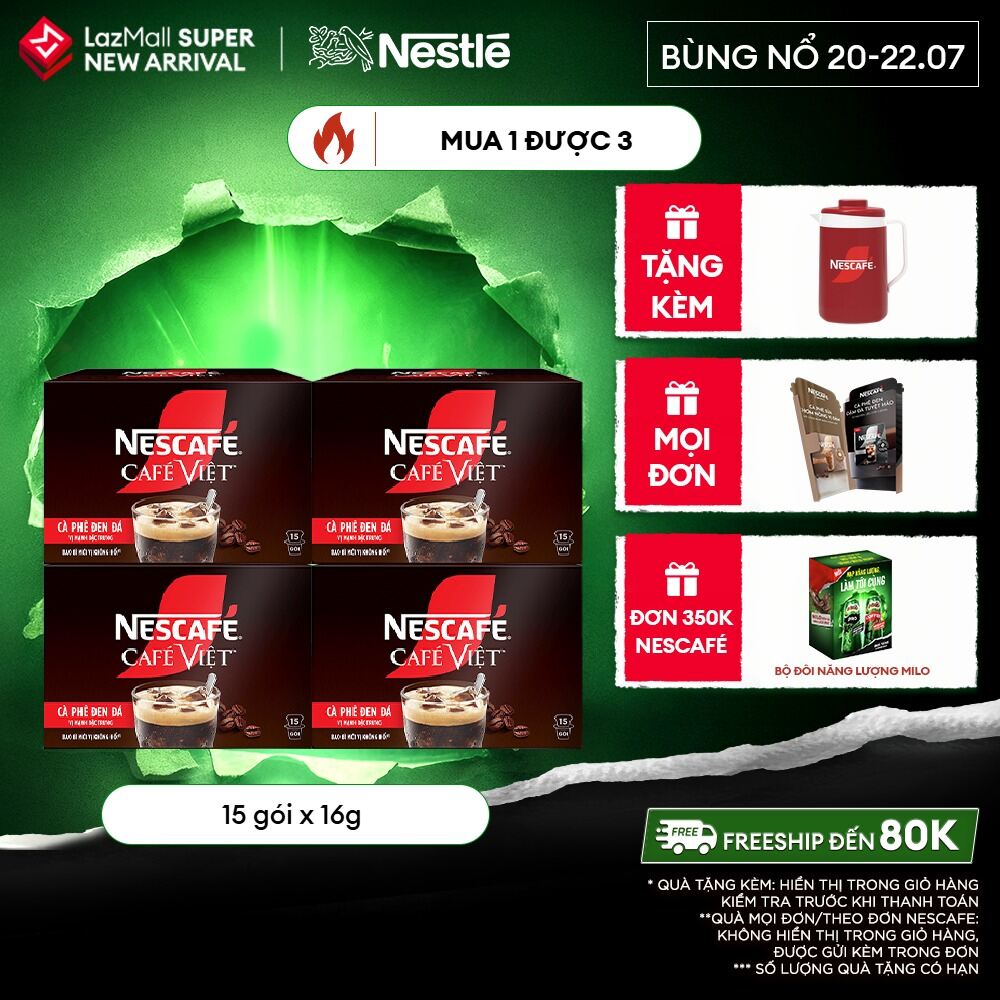 [ƯU ĐÃI THÁNG 7][FREESHIP HCM] Combo 4 hộp Cà phê đen hòa tan NESCAFÉ CAFÉ VIỆT (16g x 15 gói)