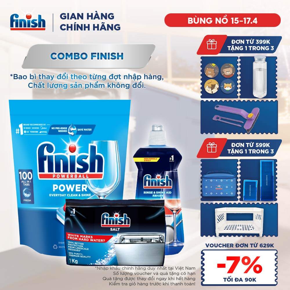 Combo Finish siêu cấp: Hộp 100 Viên Rửa Bát Finish Everyday Clean  Shine + Nước Làm Bóng Finish 500ml + Muối Rửa Chén Finish Salt