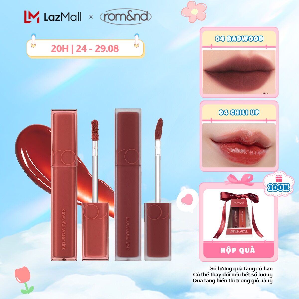 Combo Son kem siêu lì Romand Blur Fudge Tint 5g + Son tint bóng, siêu lì Romand Dewyful Water Tint 5g