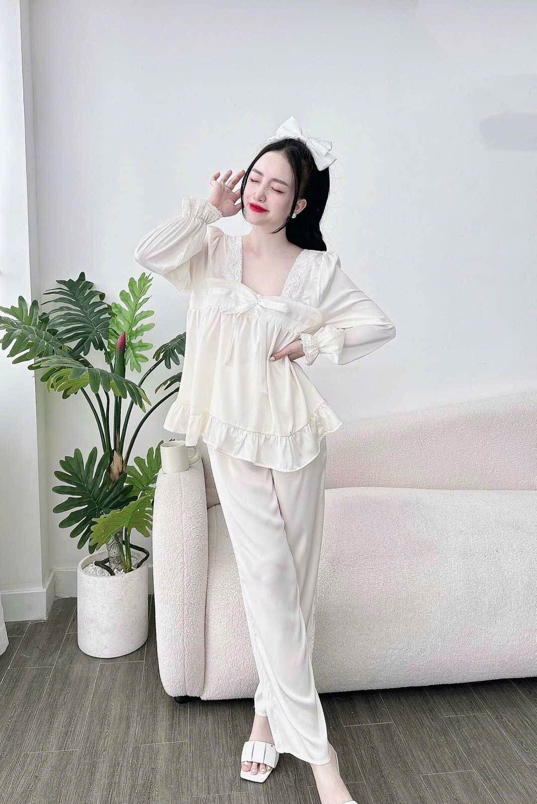 Đồ bộ nữ/bộ pizama kiểu tiểu thư lụa xướt tay dài cổ vuông phối ren