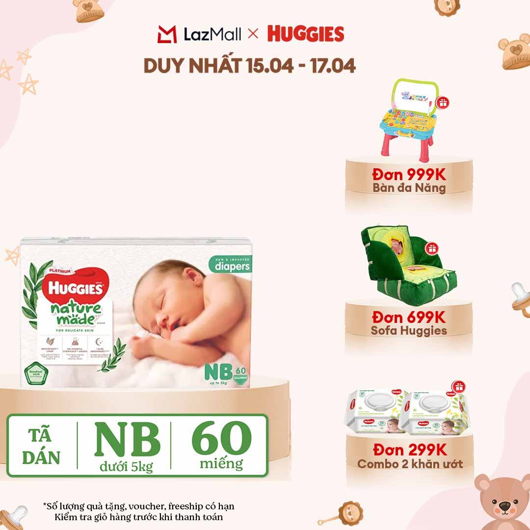 [CHỈ 18-24.04 QUÀ TẶNG ĐƠN 399K](Mua 1 tặng 1)  Tã/Bỉm dán sơ sinh Huggies Platinum NatureMade NB60 (dưới 5kg)-Gói Jumbo 60 miếng