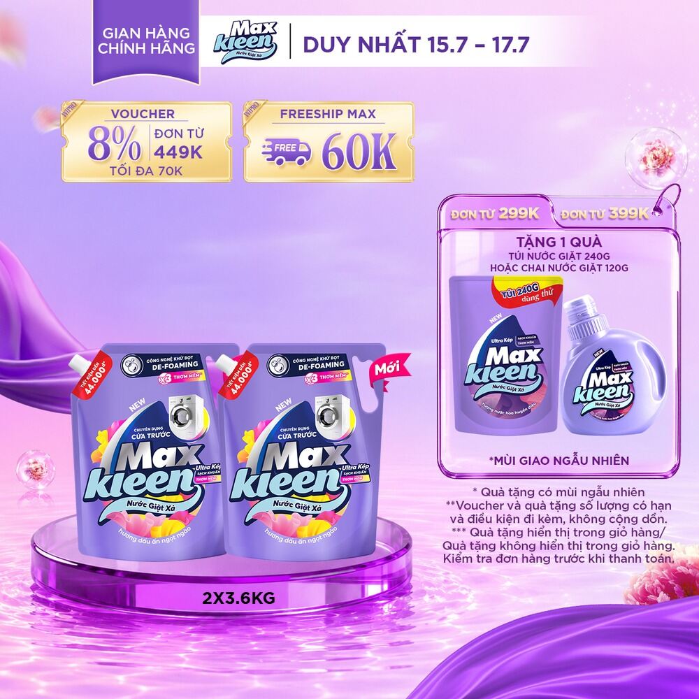 Combo 2 Nước giặt cho máy giặt cửa trước MaxKleen hương Dấu Ấn Ngọt Ngào 3.6kg