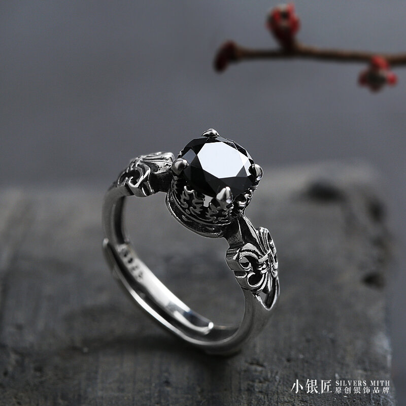 Nhẫn bạc nguyên chất 925 nhẫn hở vương miện mã não đen tự nhiên nhẫn cổ điển cá tính người sành điệu thời trang mẫu nam nữ
