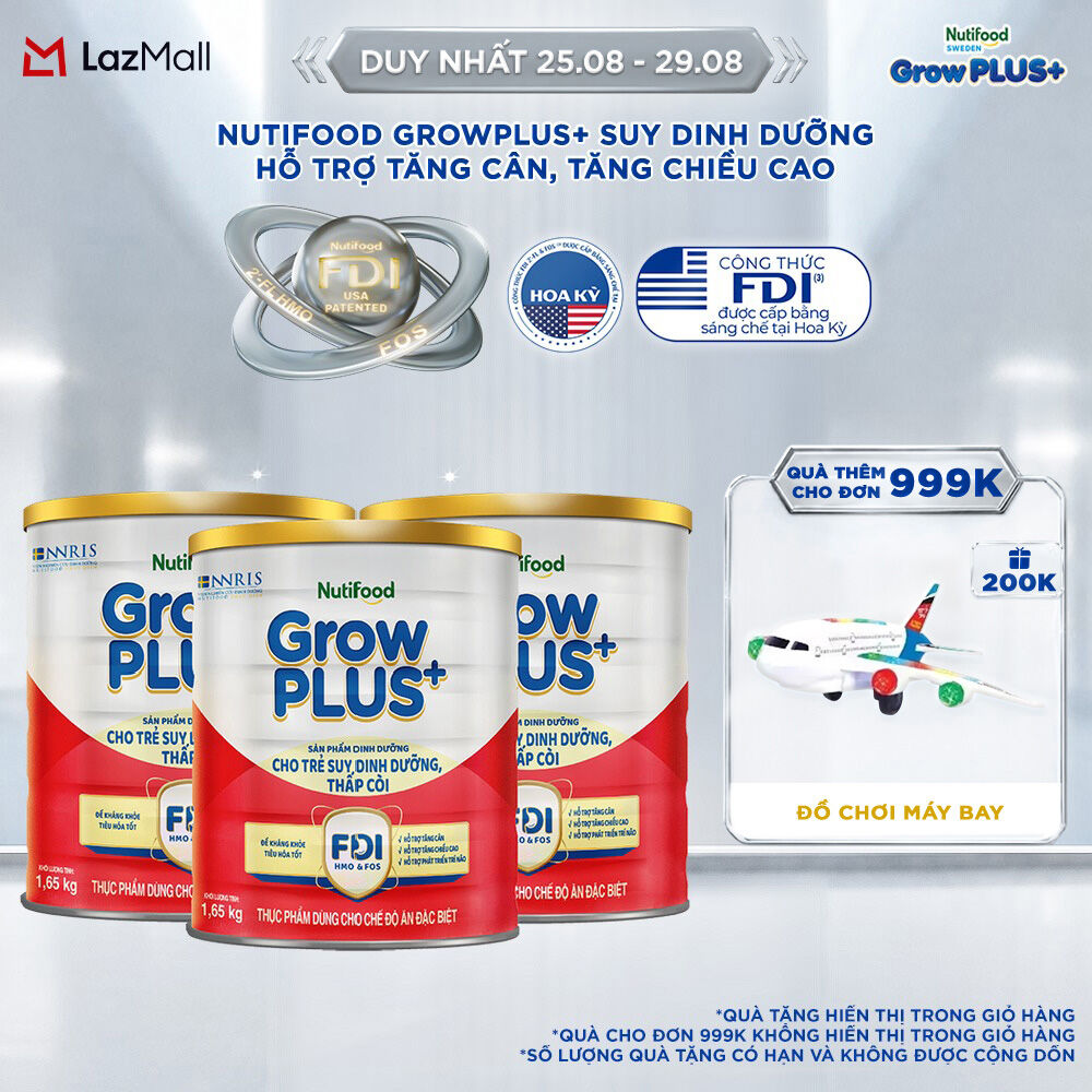 Combo 3 Sữa bột Nutifood GrowPLUS+ Suy Dinh Dưỡng (Đỏ) - Hỗ Trợ Tăng Cân, Tăng Chiều Cao ( 3 Lon 1,65 Kg)